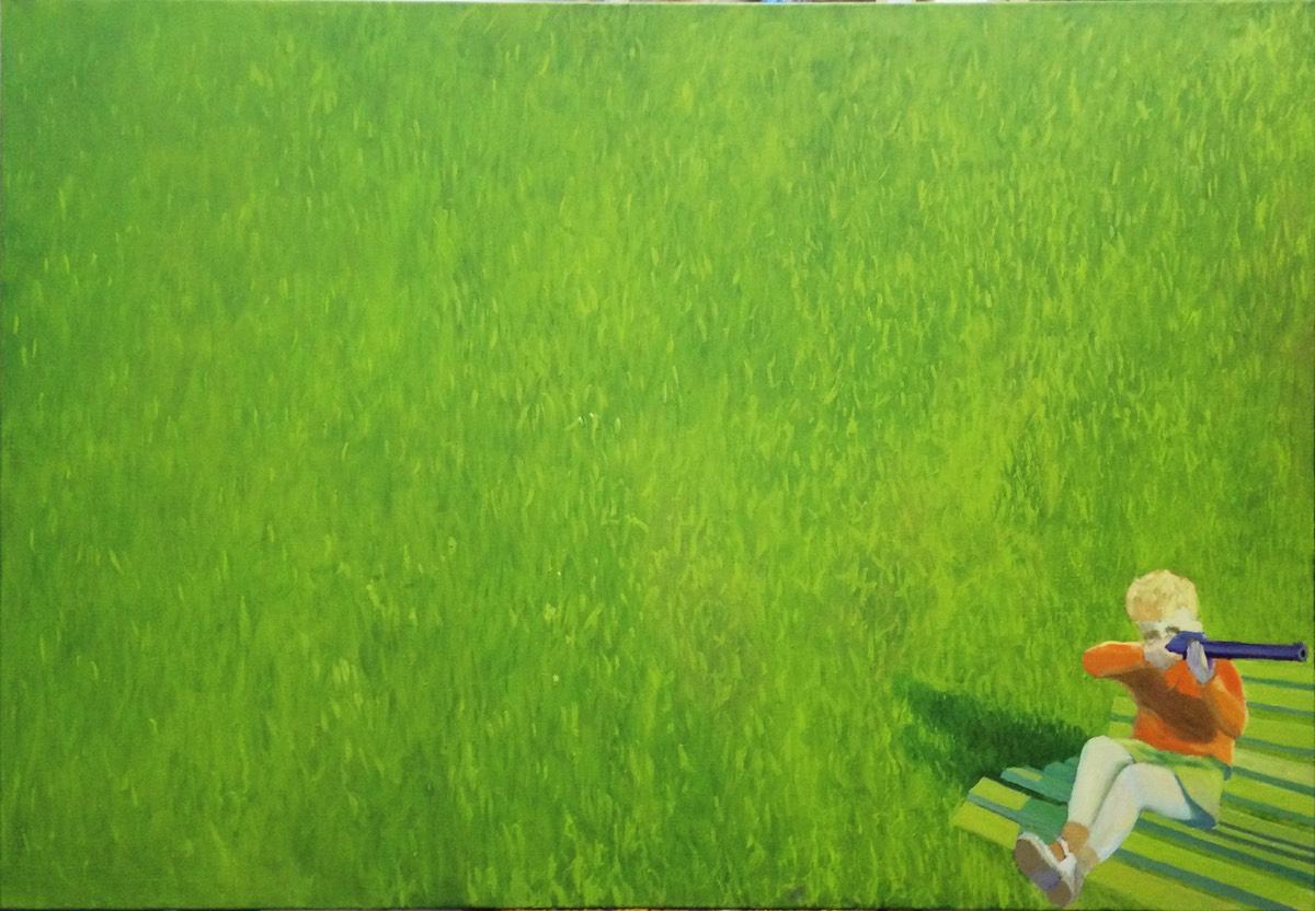 J.Łukasik 'chłopiec na trawie' olej na płótnie, 180x140cm, 2013